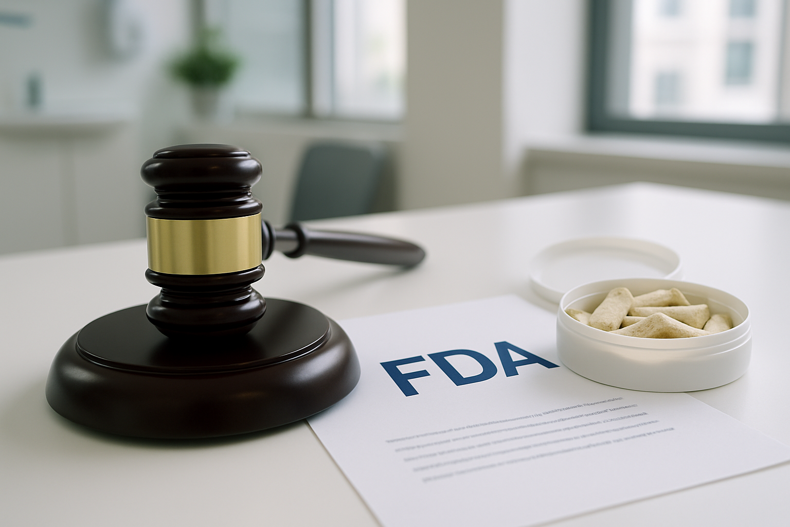 A modern clean photo of a legal gavel and FDA document beside oral nicotine pouches on a table in a healthcare setting-2