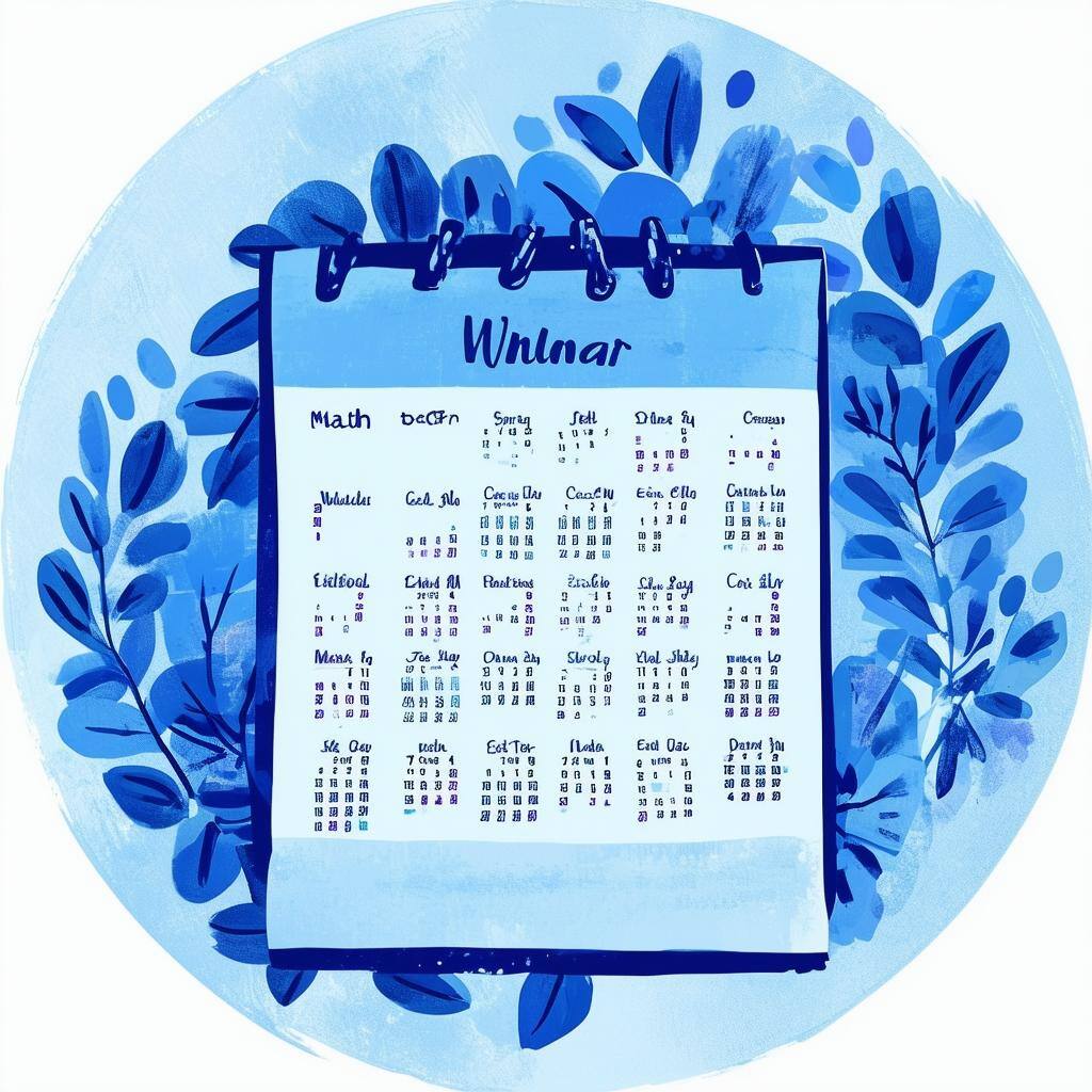 calendar illustrated, blue tones, in a circle